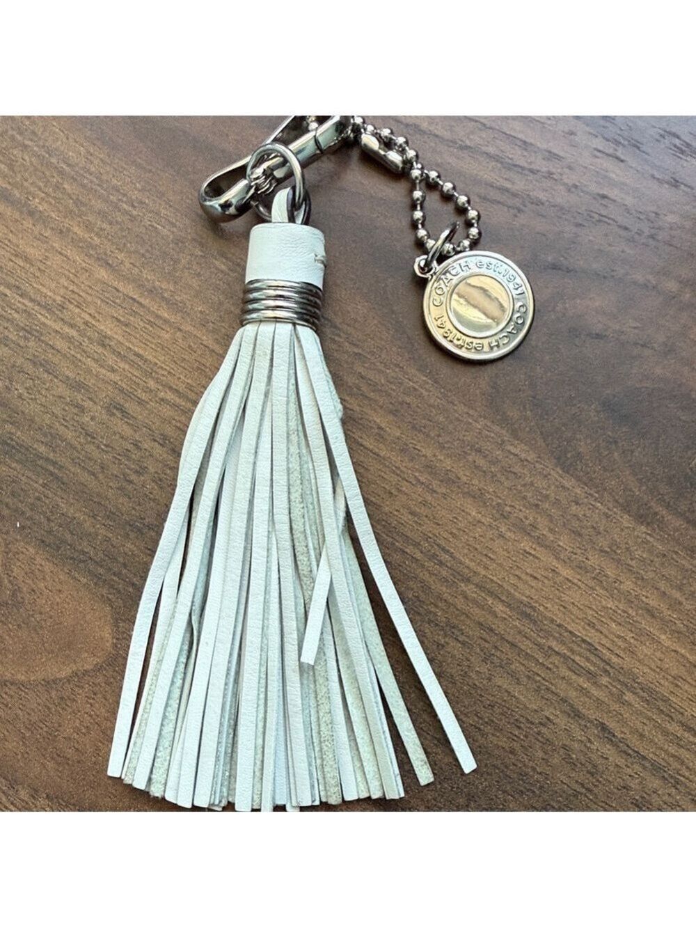 Coach White Leather Tassel Bag Charm Keychain with Silver Charm